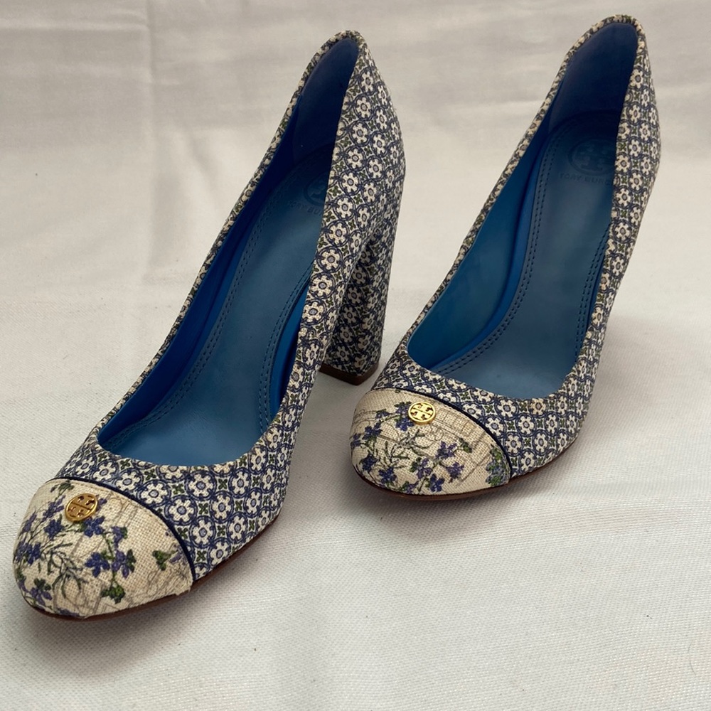 Rare Tory Burch Floral Canvas Blue Heels Size 7.5M
